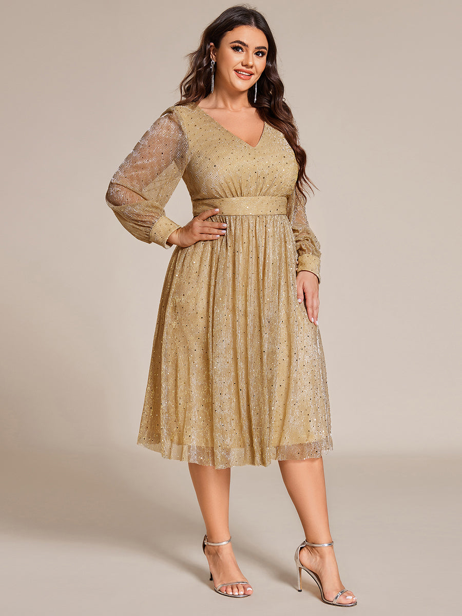 Empire WaistV Neck Sequin A-line Long Sleeve Midi Length Wedding Guest Dress #color_Gold