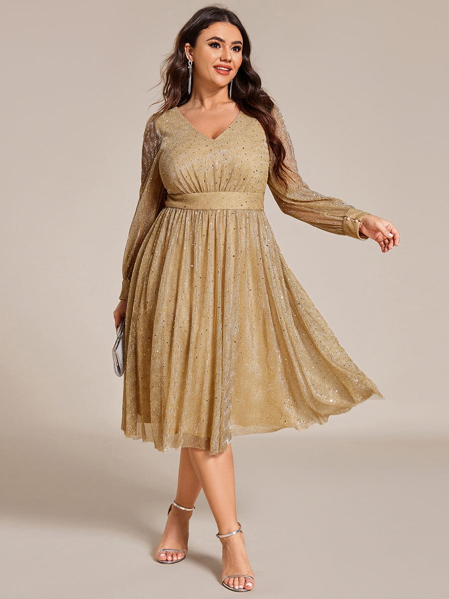 Plus Size Empire WaistV Neck Sequin A-line Long Sleeve Midi Length Wedding Guest Dress #color_Gold