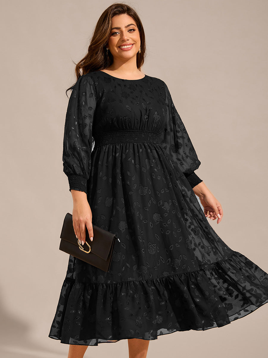 Plus Size Round Neckline Long Sleeve Chiffon Wedding Guest Dress #color_Black