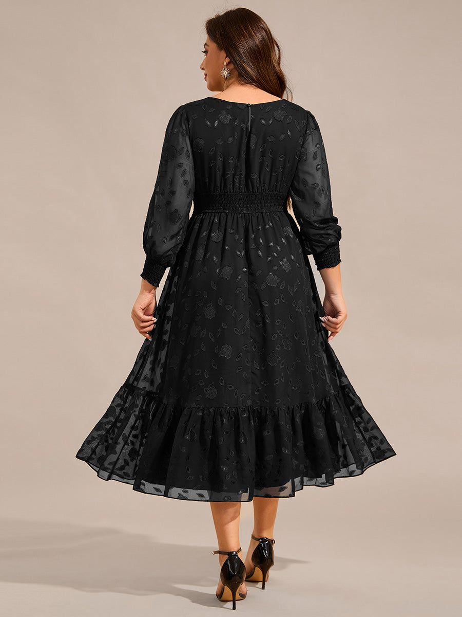 Plus Size Round Neckline Long Sleeve Chiffon Wedding Guest Dress #color_Black