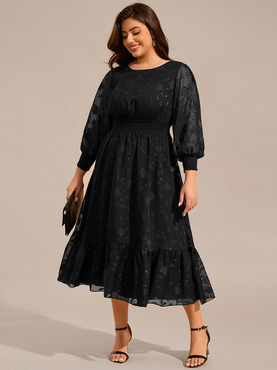 Plus Size Round Neckline Long Sleeve Chiffon Wedding Guest Dress #color_Black