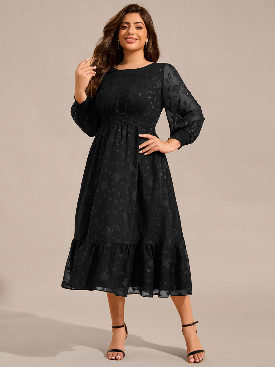 Plus Size Round Neckline Long Sleeve Chiffon Wedding Guest Dress #color_Black