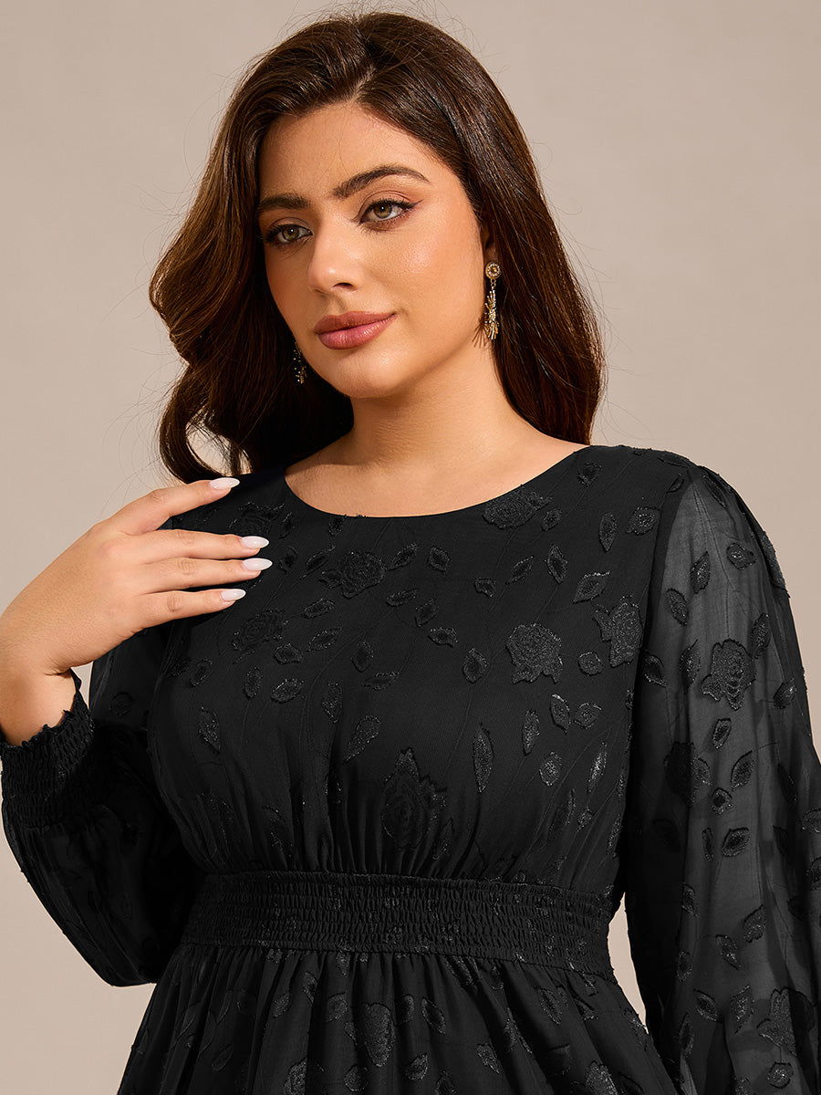 Plus Size Round Neckline Long Sleeve Chiffon Wedding Guest Dress #color_Black