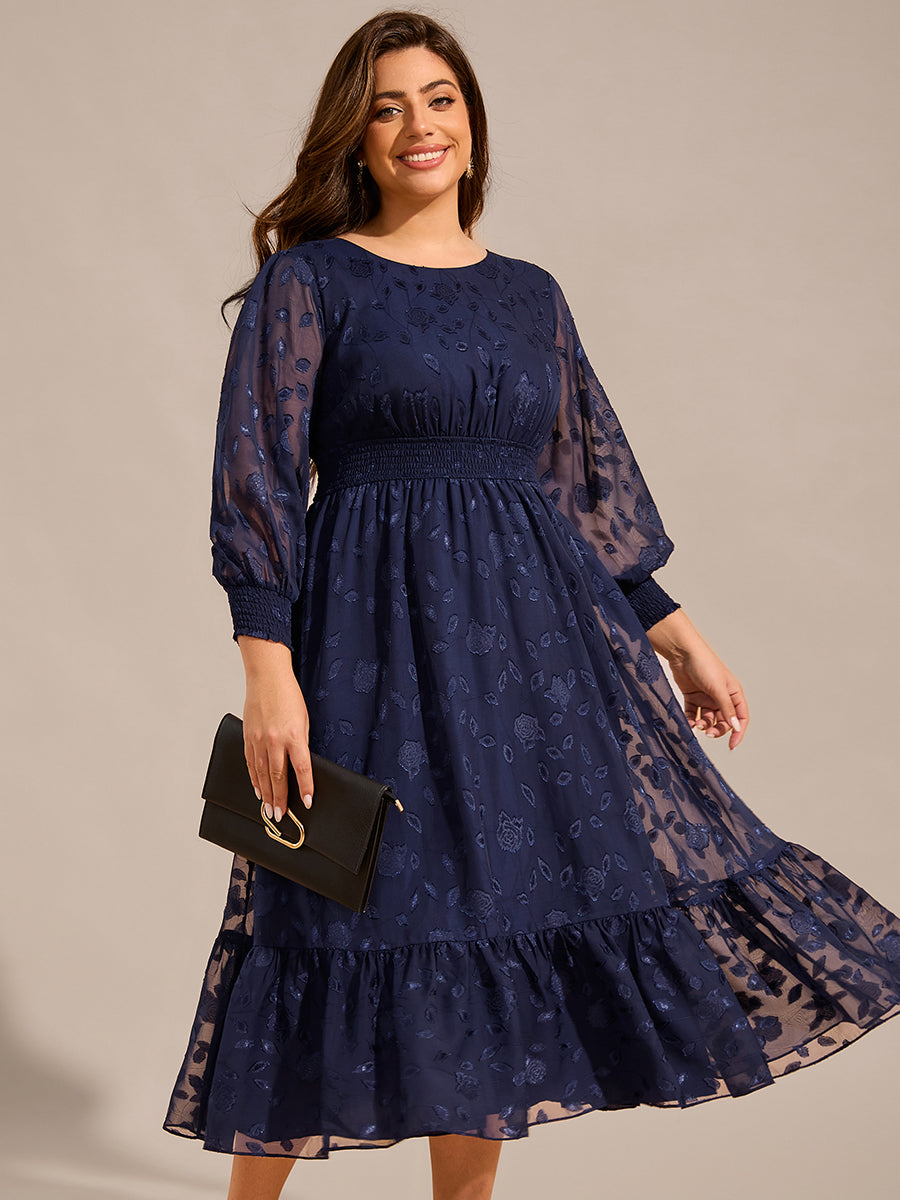 Plus Size Round Neckline Long Sleeve Chiffon Wedding Guest Dress #color_Navy Blue