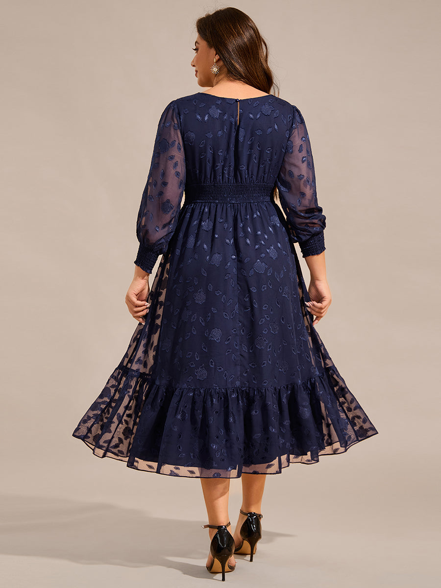 Plus Size Round Neckline Long Sleeve Chiffon Wedding Guest Dress #color_Navy Blue