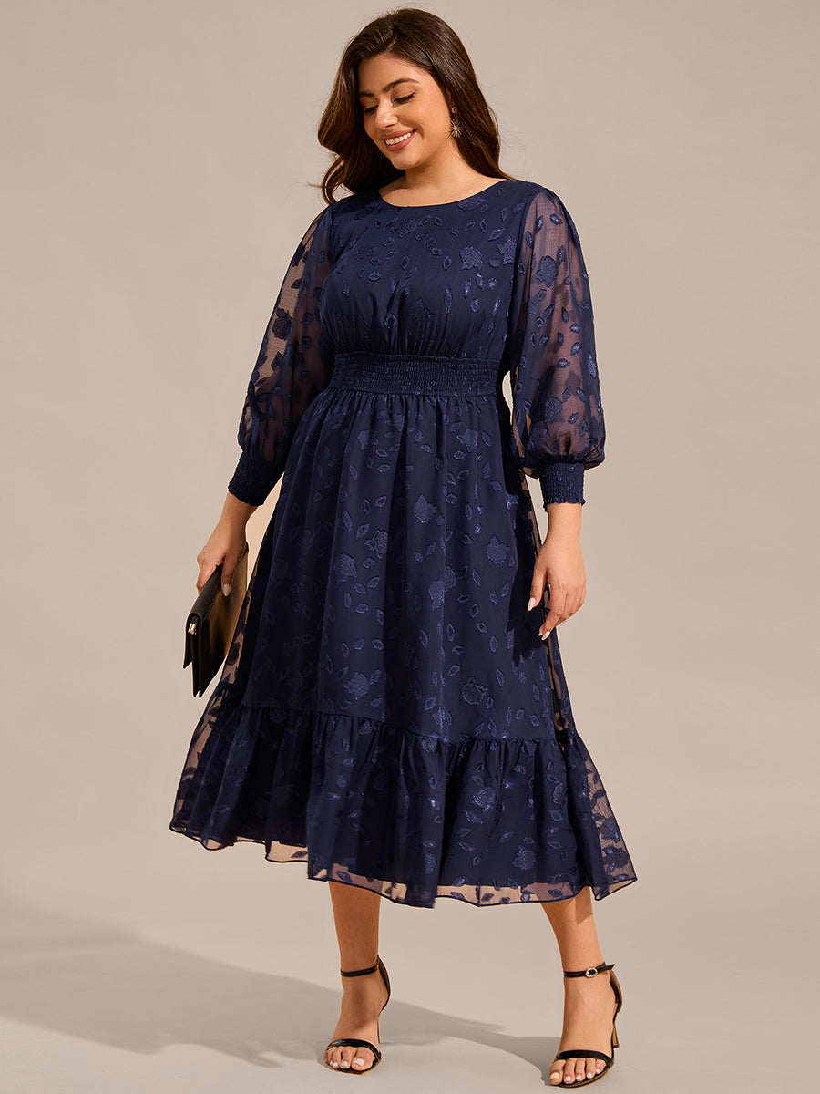 Plus Size Round Neckline Long Sleeve Chiffon Wedding Guest Dress #color_Navy Blue