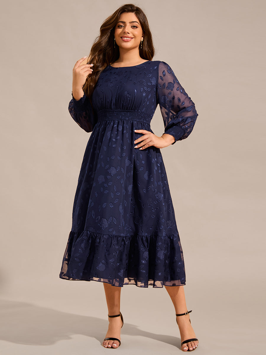 Plus Size Round Neckline Long Sleeve Chiffon Wedding Guest Dress #color_Navy Blue