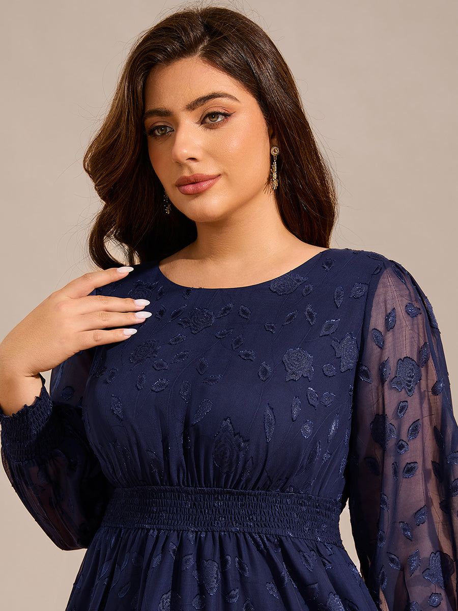 Plus Size Round Neckline Long Sleeve Chiffon Wedding Guest Dress #color_Navy Blue