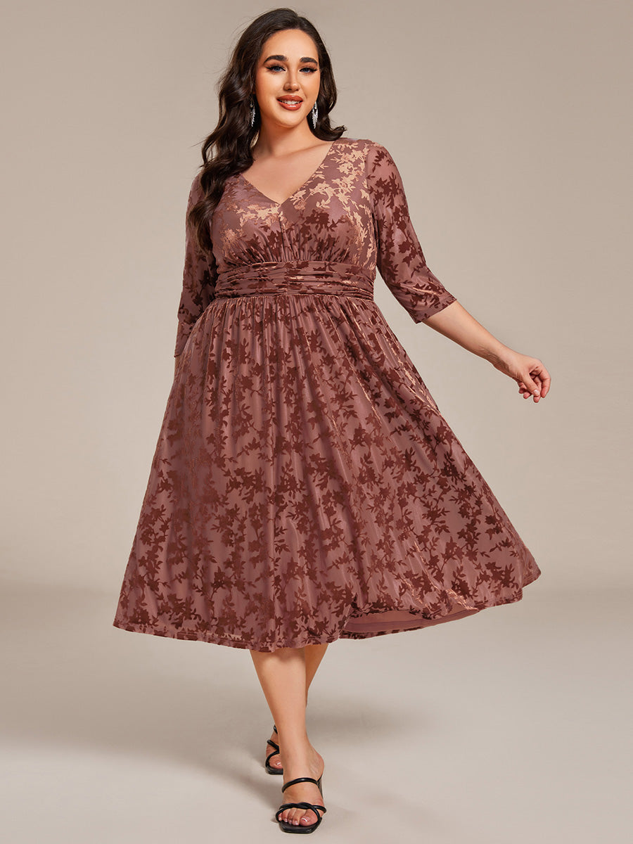 3/4 Sleeve V Neck A-Line Velvet Jacquard Midi Length Wedding Guest Dress #color_Brown