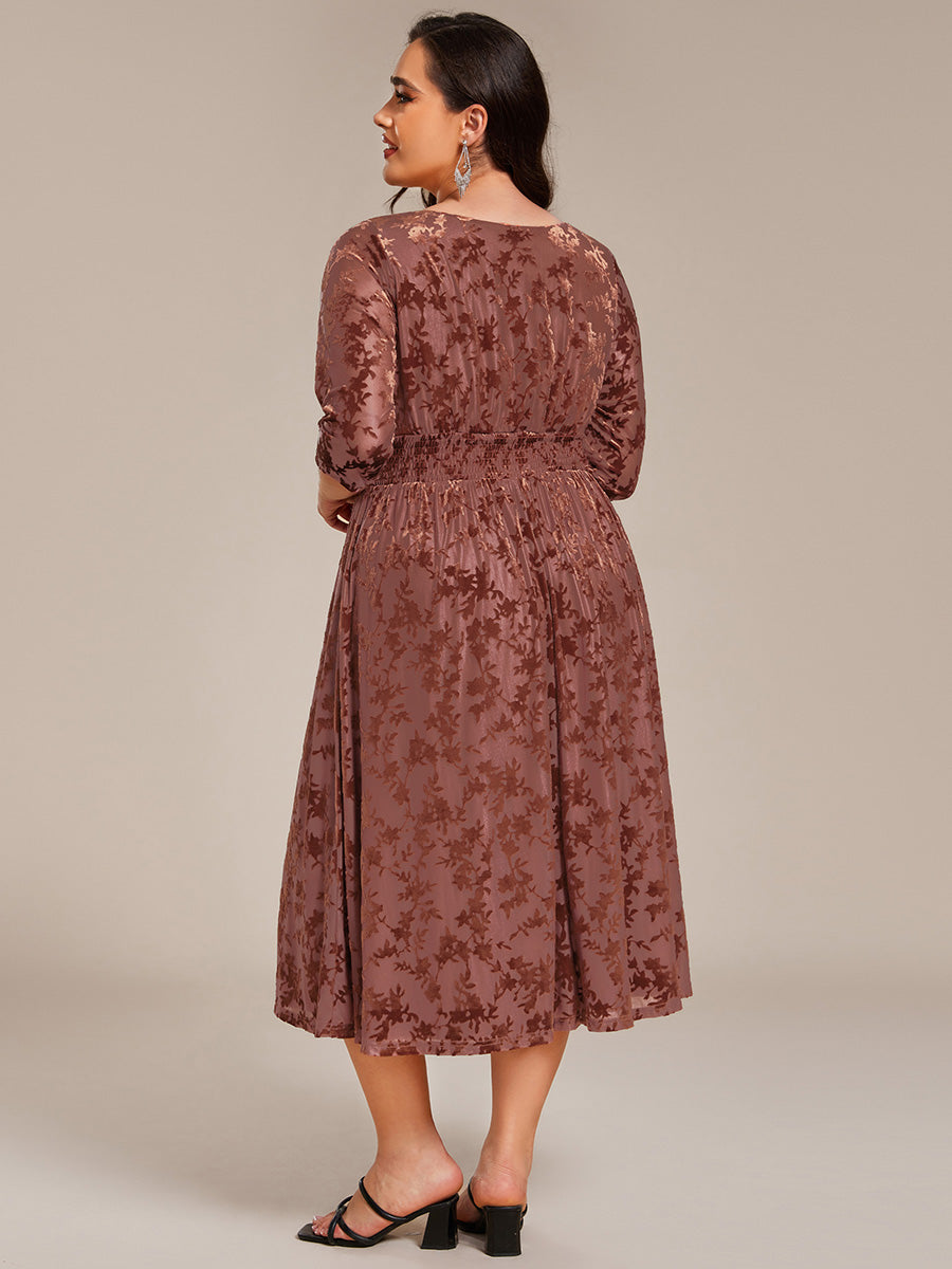 3/4 Sleeve V Neck A-Line Velvet Jacquard Midi Length Wedding Guest Dress #color_Brown