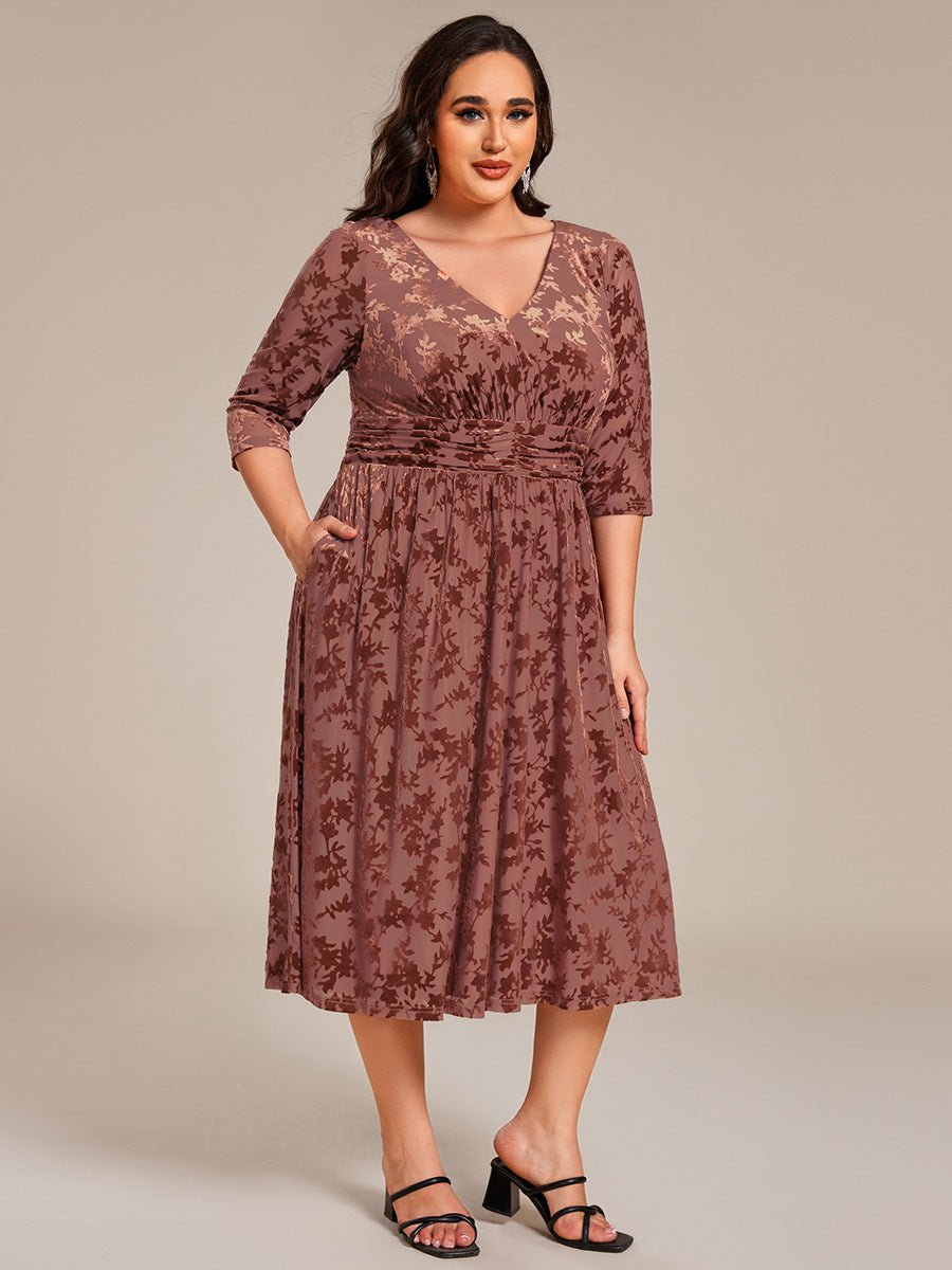 3/4 Sleeve V Neck A-Line Velvet Jacquard Midi Length Wedding Guest Dress #color_Brown