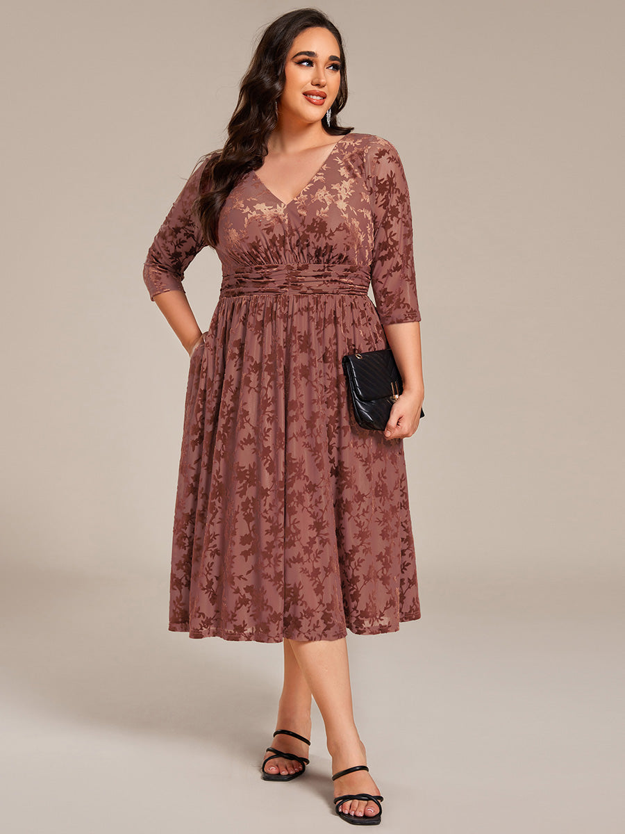 3/4 Sleeve V Neck A-Line Velvet Jacquard Midi Length Wedding Guest Dress #color_Brown