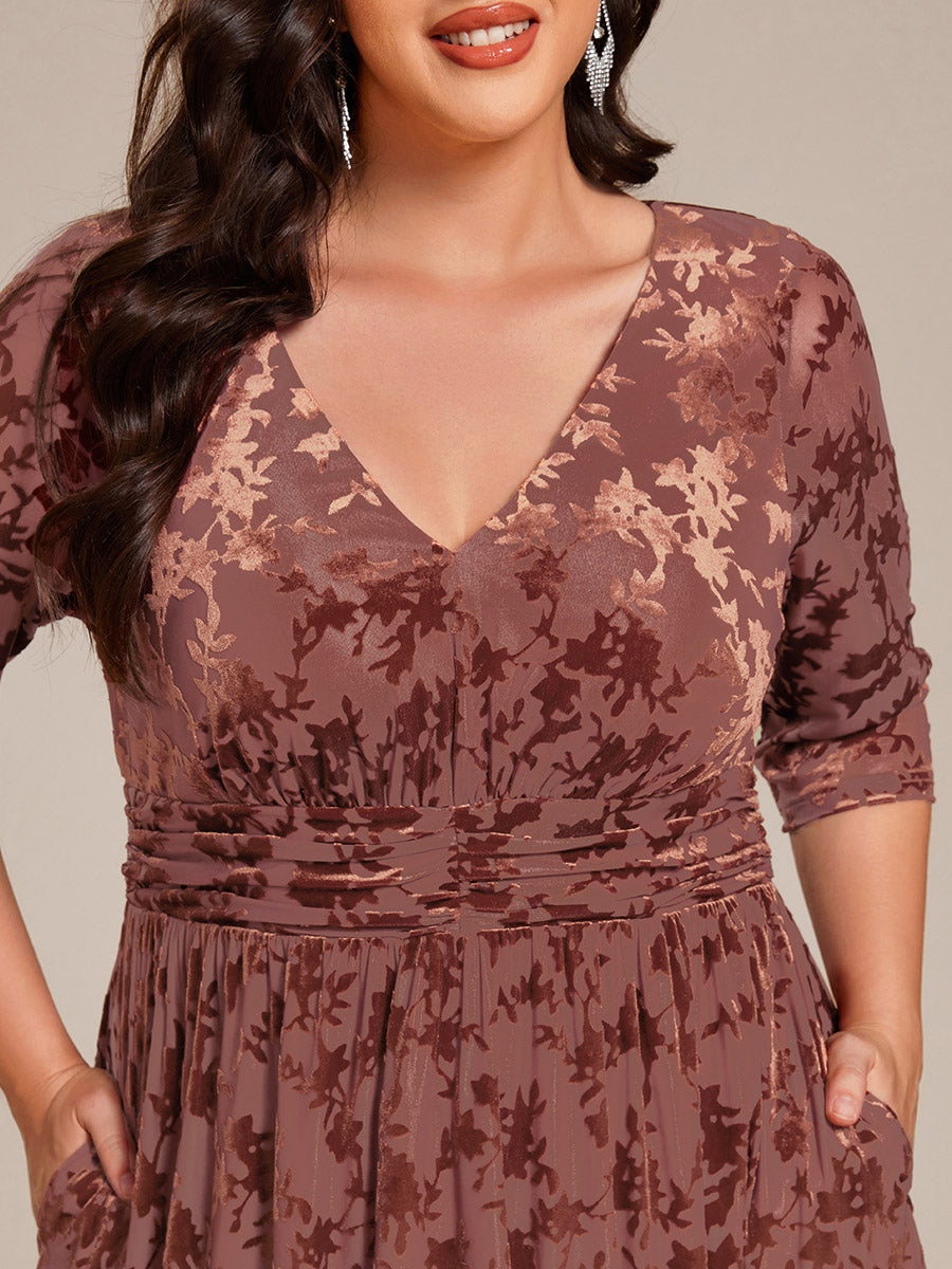 3/4 Sleeve V Neck A-Line Velvet Jacquard Midi Length Wedding Guest Dress #color_Brown