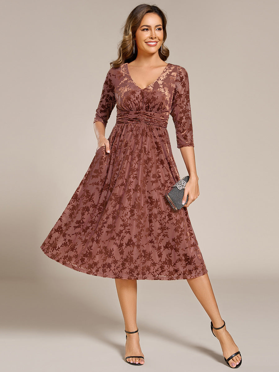 3/4 Sleeve V Neck A-Line Velvet Jacquard Midi Length Wedding Guest Dress #color_Brown