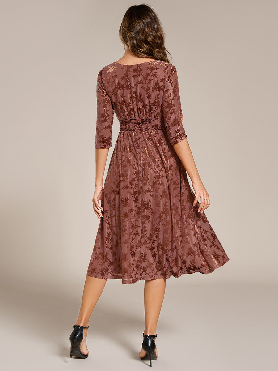 3/4 Sleeve V Neck A-Line Velvet Jacquard Midi Length Wedding Guest Dress #color_Brown