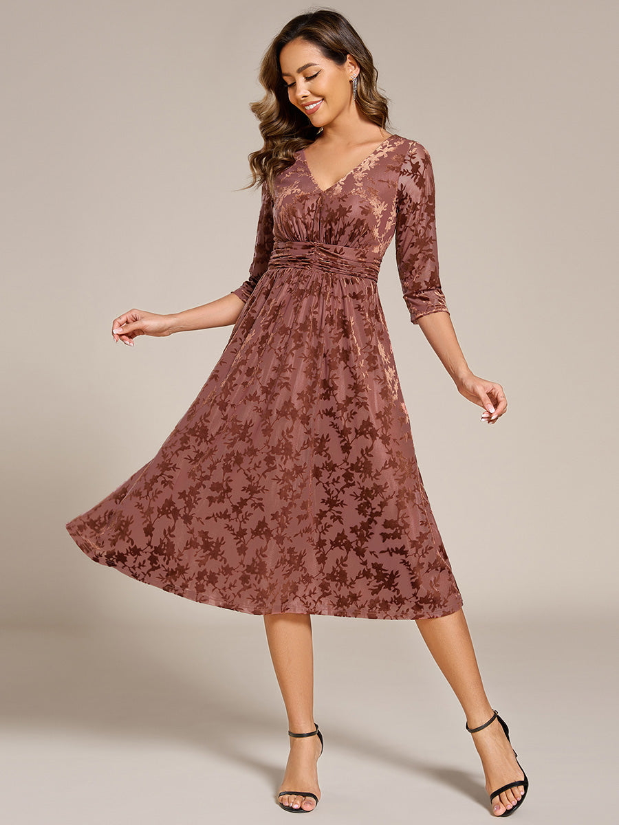 3/4 Sleeve V Neck A-Line Velvet Jacquard Midi Length Wedding Guest Dress #color_Brown