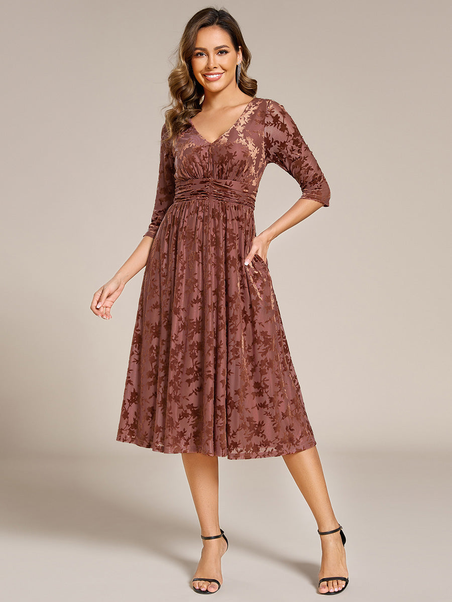 3/4 Sleeve V Neck A-Line Velvet Jacquard Midi Length Wedding Guest Dress #color_Brown