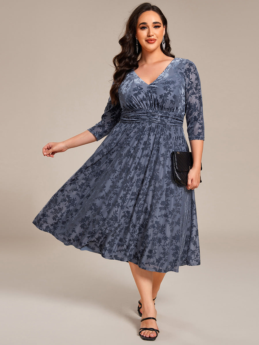 3/4 Sleeve V Neck A-Line Velvet Jacquard Midi Length Wedding Guest Dress #color_Dusty Blue