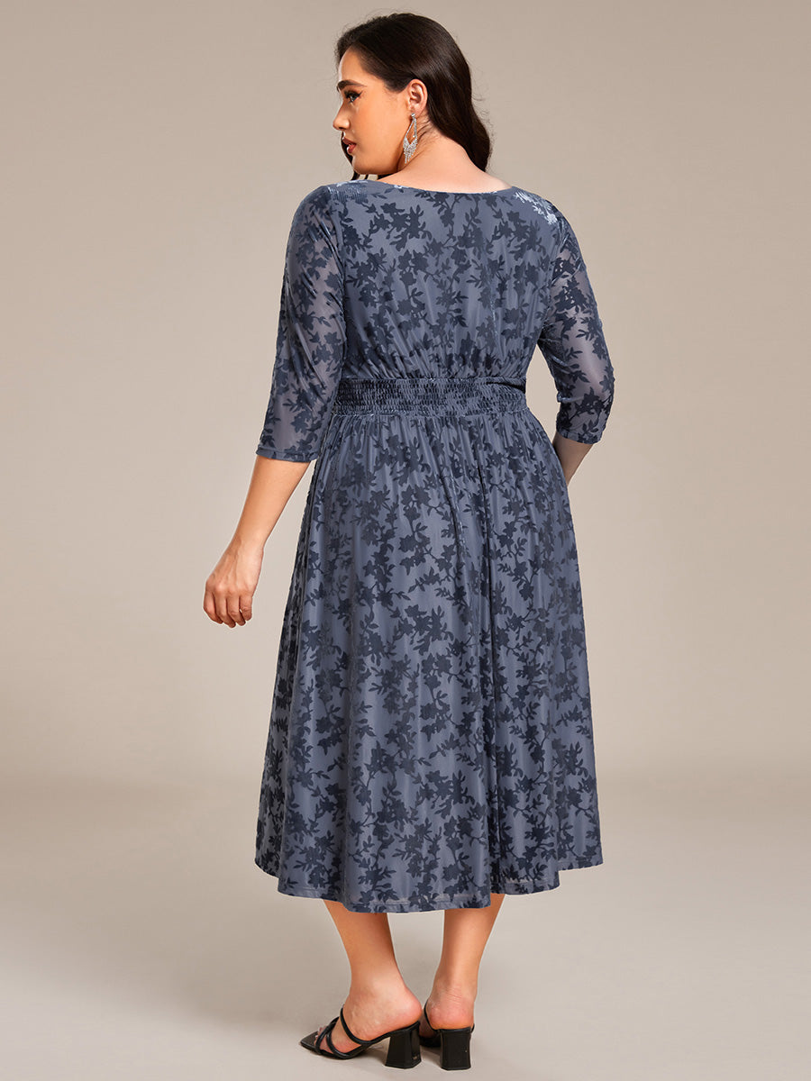 3/4 Sleeve V Neck A-Line Velvet Jacquard Midi Length Wedding Guest Dress #color_Dusty Blue