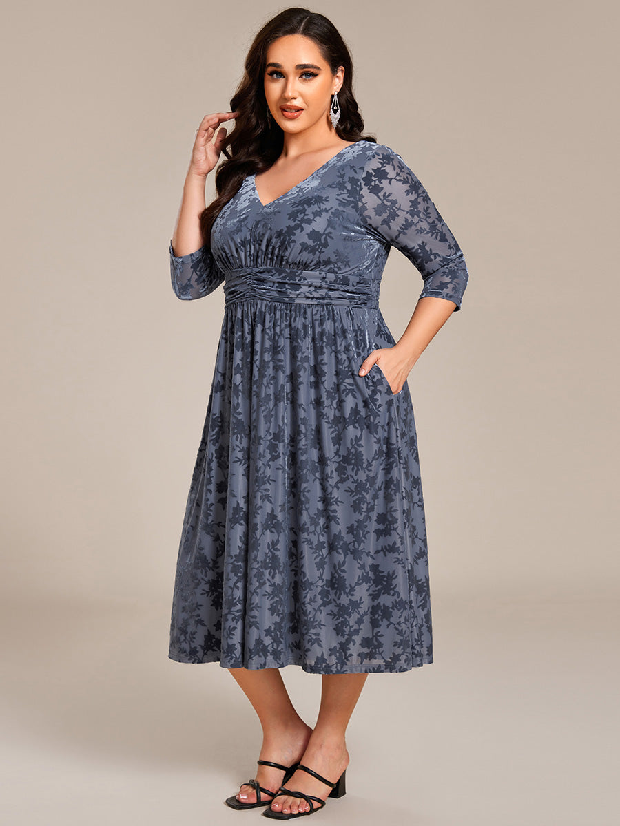 3/4 Sleeve V Neck A-Line Velvet Jacquard Midi Length Wedding Guest Dress #color_Dusty Blue