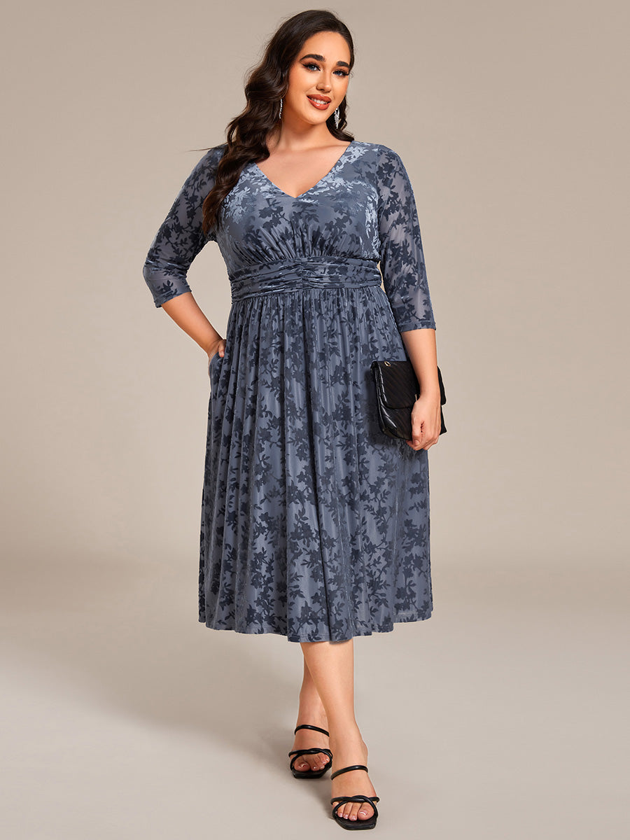 3/4 Sleeve V Neck A-Line Velvet Jacquard Midi Length Wedding Guest Dress #color_Dusty Blue