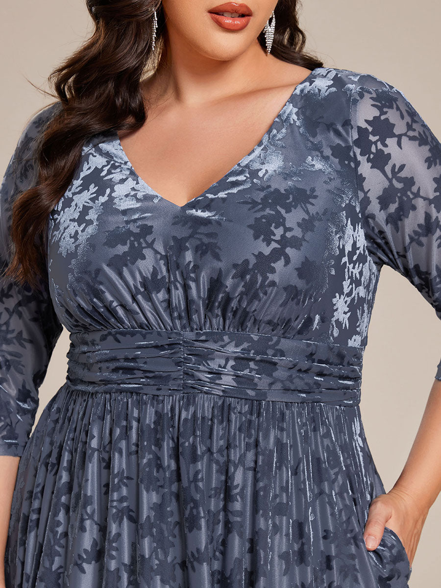 3/4 Sleeve V Neck A-Line Velvet Jacquard Midi Length Wedding Guest Dress #color_Dusty Blue