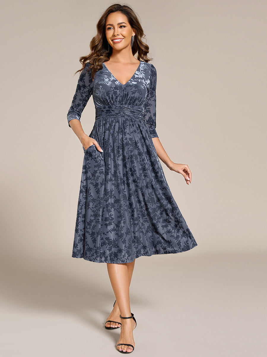 3/4 Sleeve V Neck A-Line Velvet Jacquard Midi Length Wedding Guest Dress #color_Dusty Blue