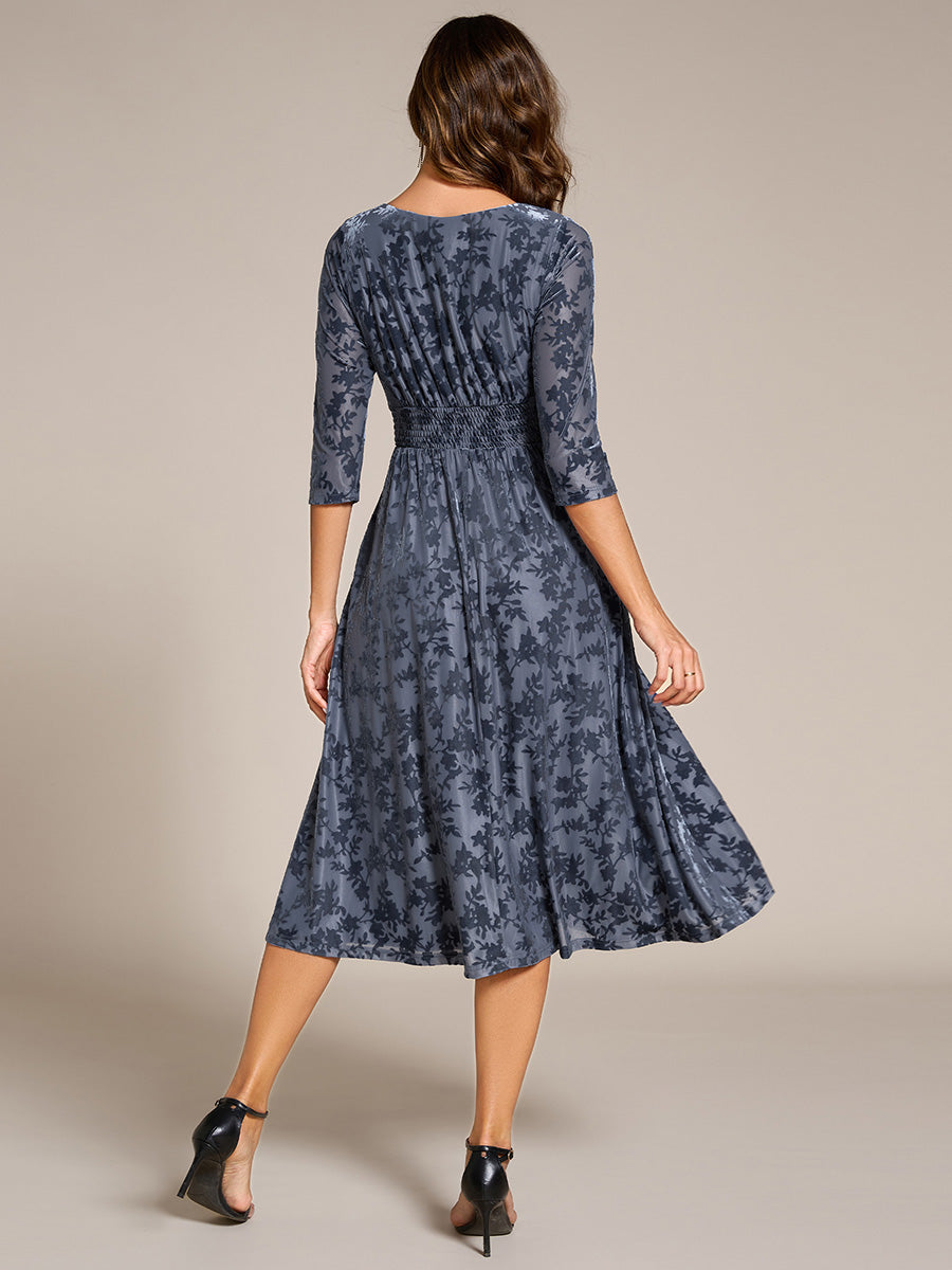 3/4 Sleeve V Neck A-Line Velvet Jacquard Midi Length Wedding Guest Dress #color_Dusty Blue