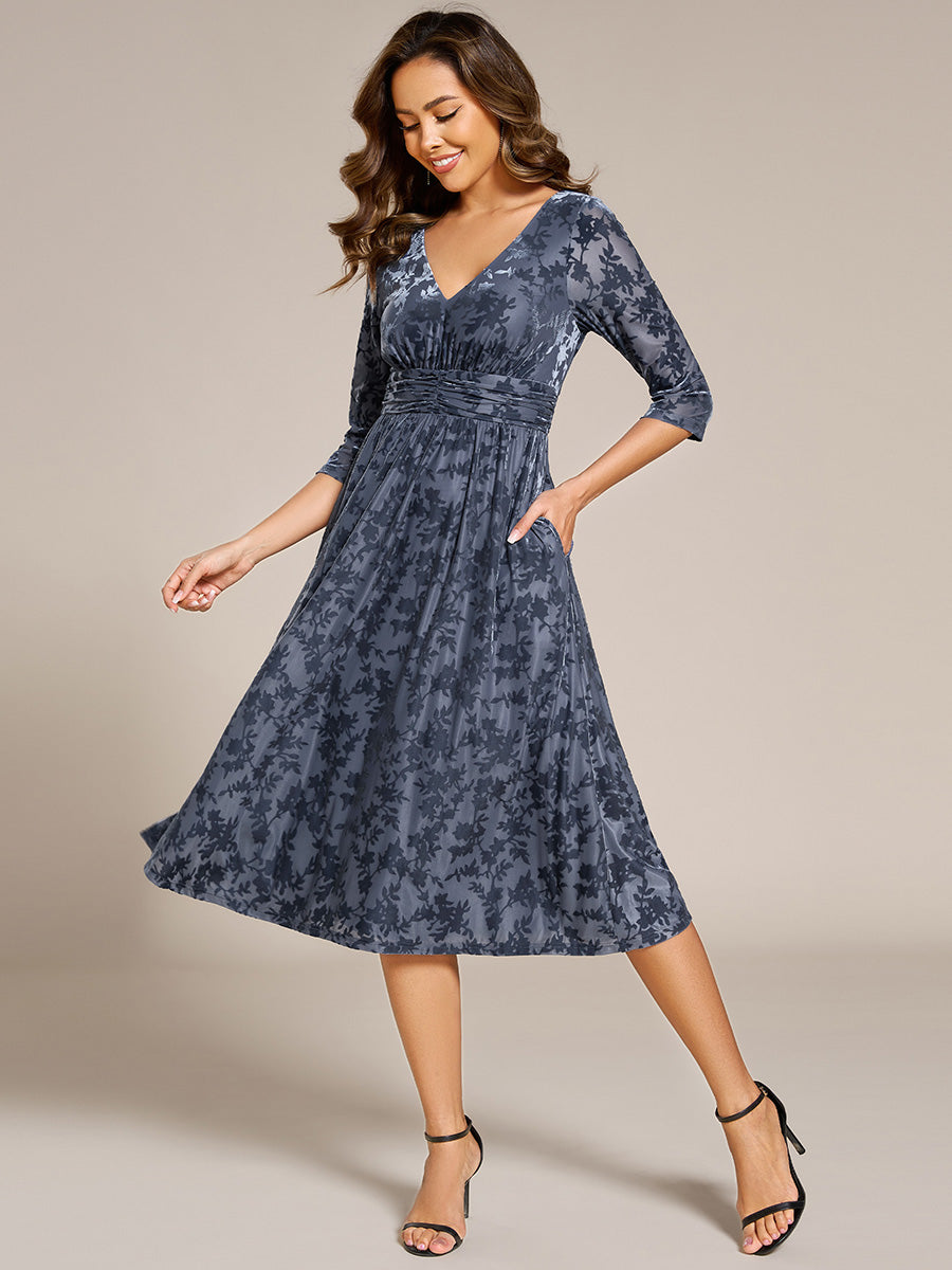 3/4 Sleeve V Neck A-Line Velvet Jacquard Midi Length Wedding Guest Dress #color_Dusty Blue