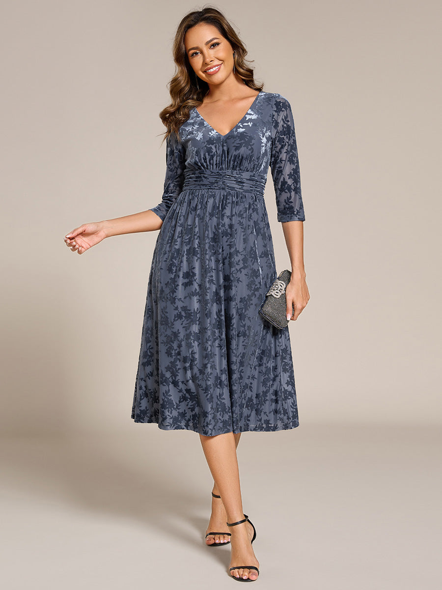 3/4 Sleeve V Neck A-Line Velvet Jacquard Midi Length Wedding Guest Dress #color_Dusty Blue