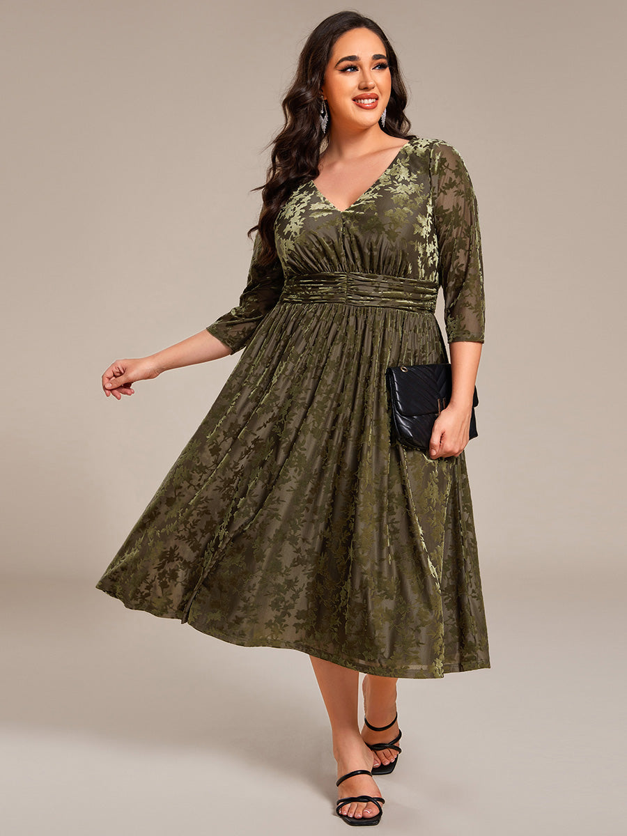 3/4 Sleeve V Neck A-Line Velvet Jacquard Midi Length Wedding Guest Dress #color_Olive Green