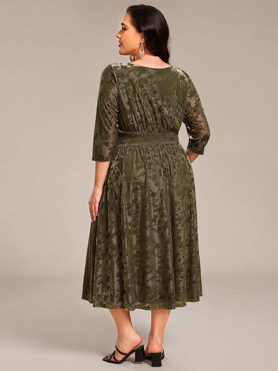 3/4 Sleeve V Neck A-Line Velvet Jacquard Midi Length Wedding Guest Dress #color_Olive Green