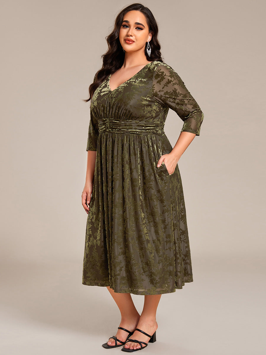 3/4 Sleeve V Neck A-Line Velvet Jacquard Midi Length Wedding Guest Dress #color_Olive Green