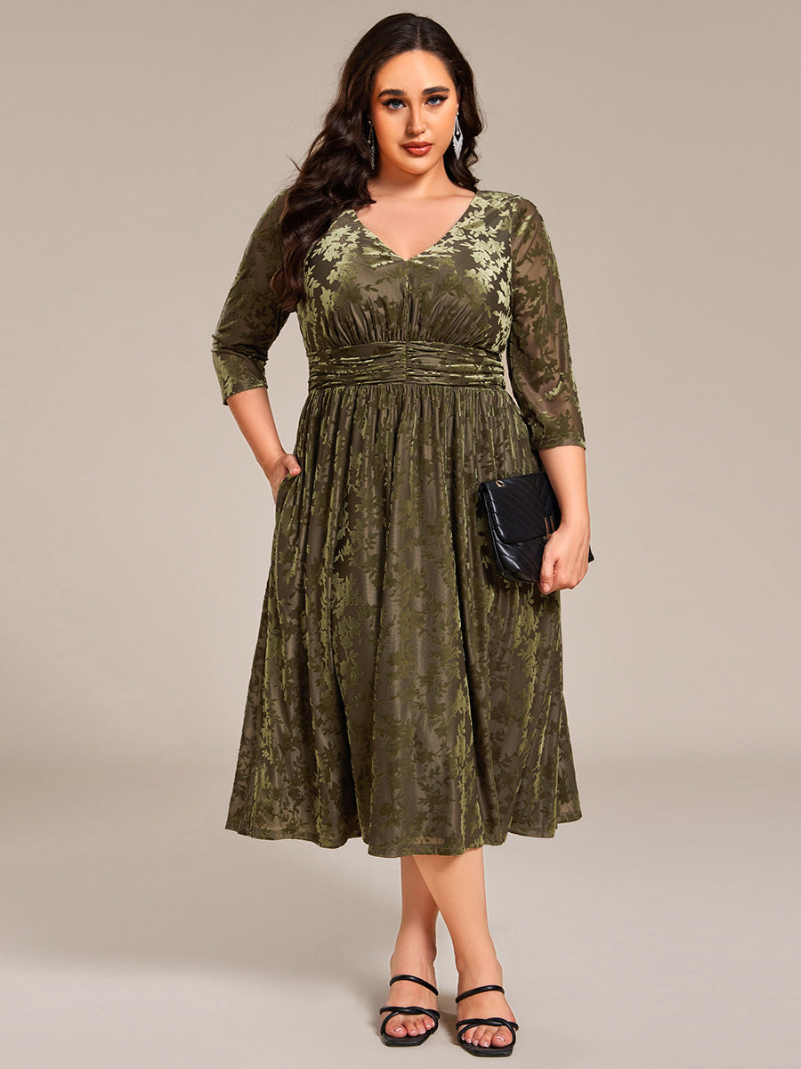 3/4 Sleeve V Neck A-Line Velvet Jacquard Midi Length Wedding Guest Dress #color_Olive Green