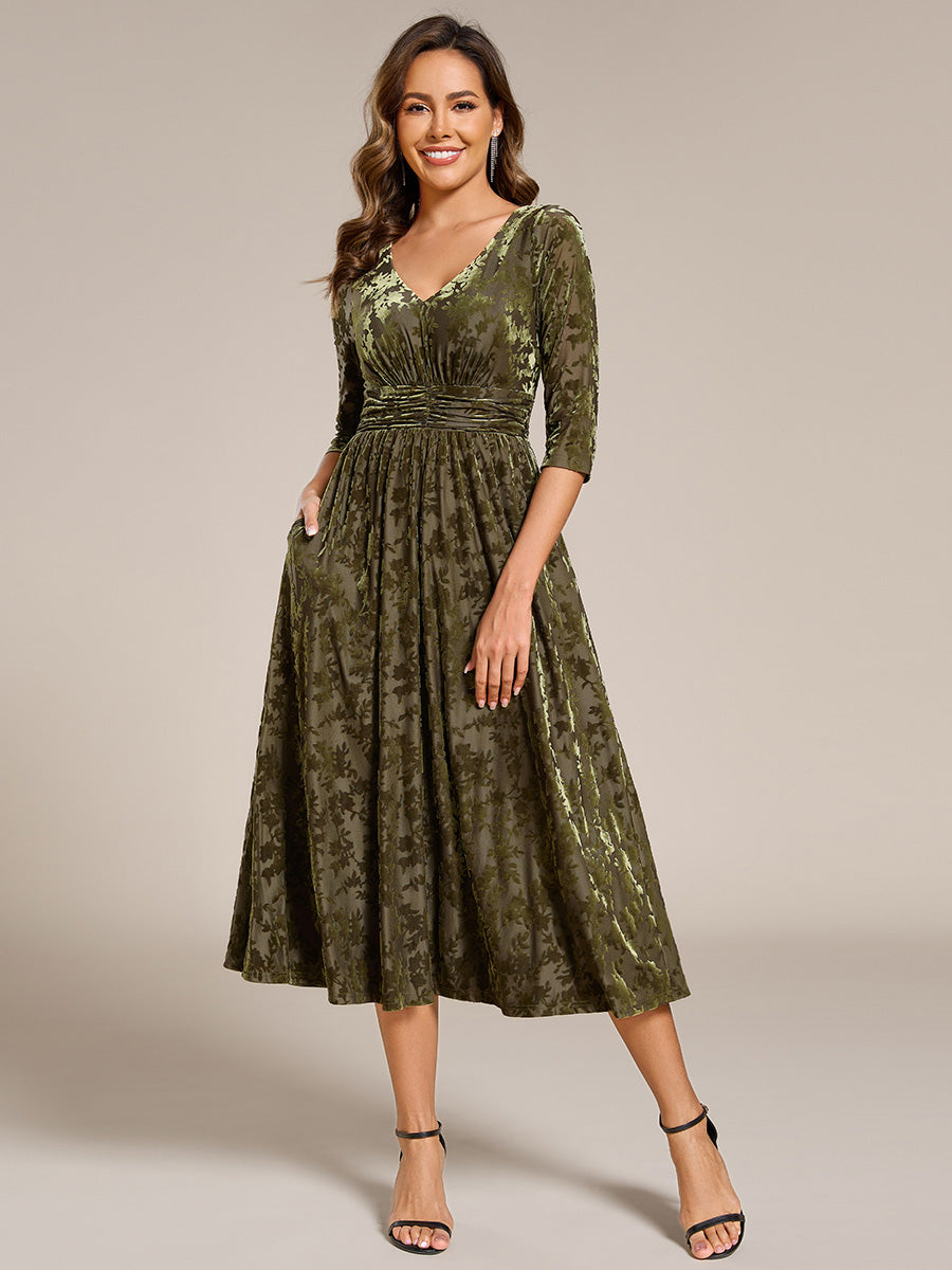 3/4 Sleeve V Neck A-Line Velvet Jacquard Midi Length Wedding Guest Dress #color_Olive Green