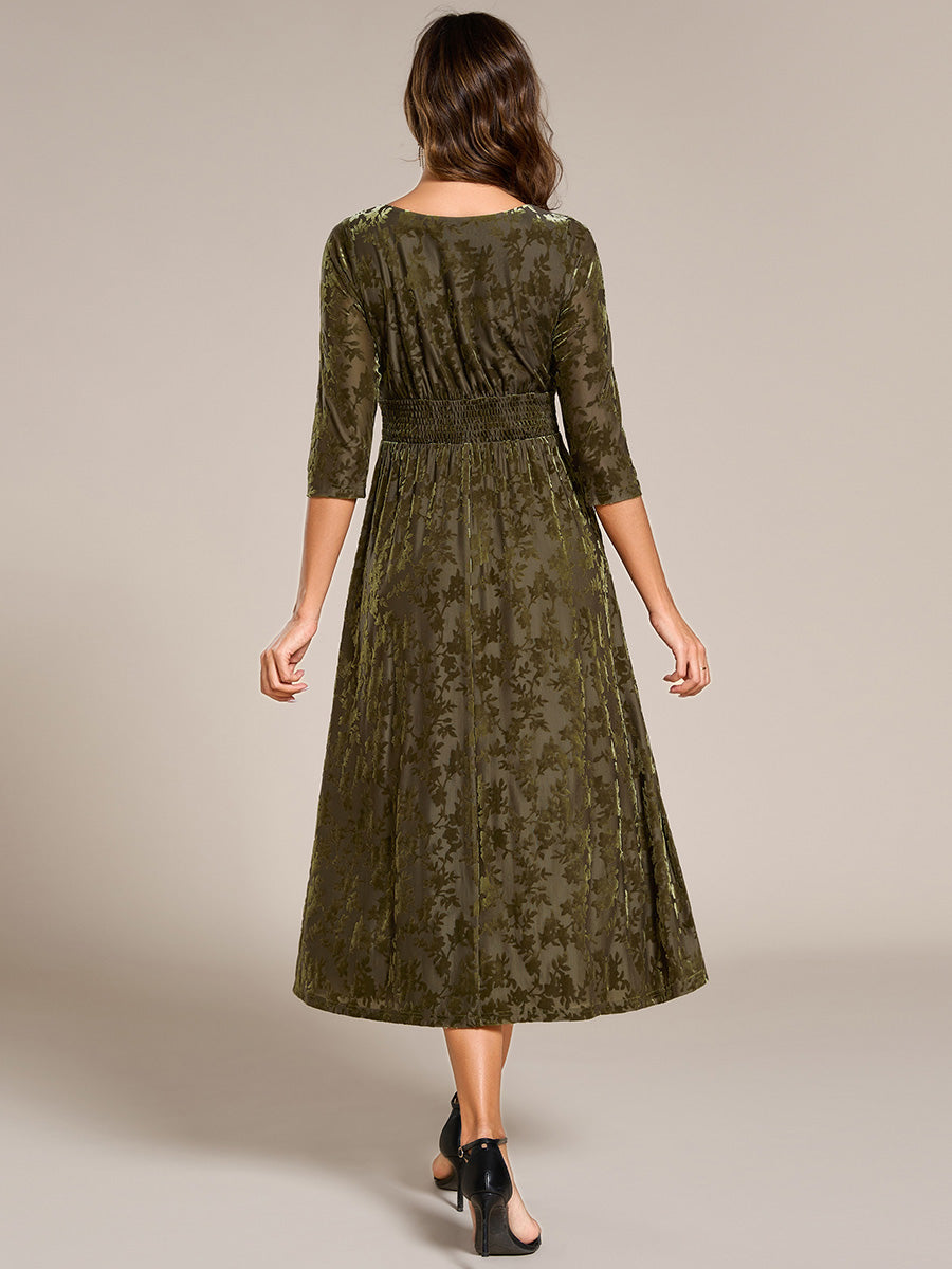 3/4 Sleeve V Neck A-Line Velvet Jacquard Midi Length Wedding Guest Dress #color_Olive Green