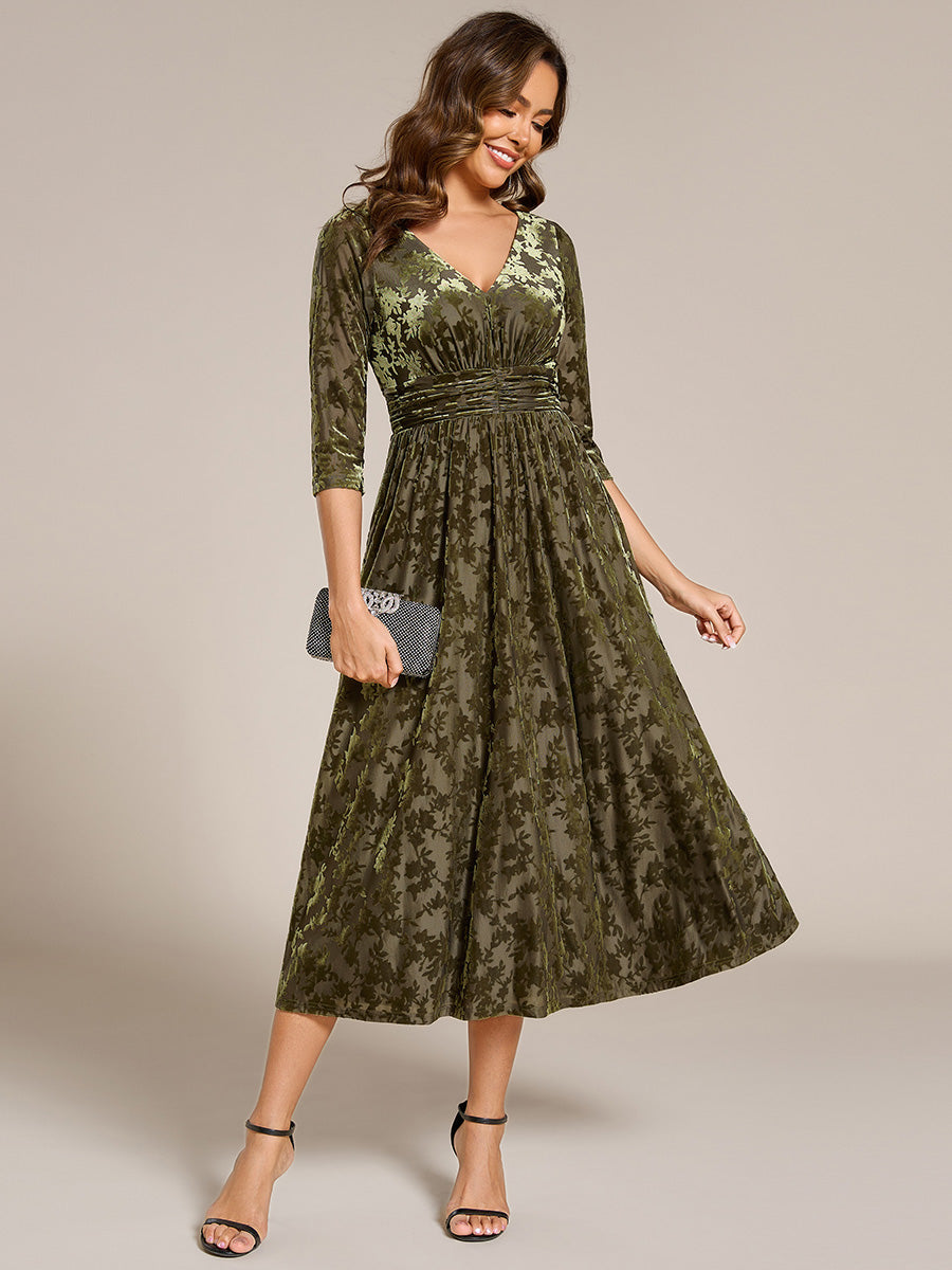 3/4 Sleeve V Neck A-Line Velvet Jacquard Midi Length Wedding Guest Dress #color_Olive Green