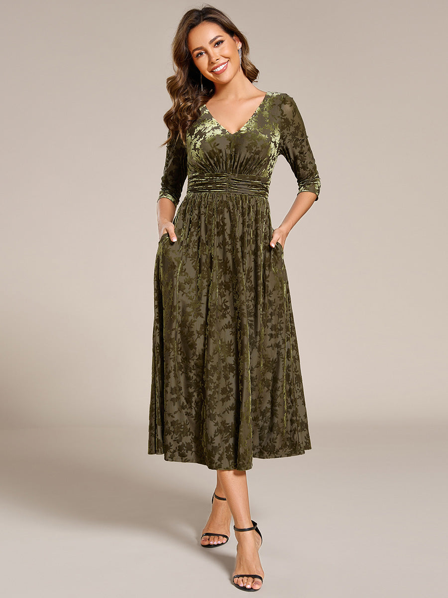 3/4 Sleeve V Neck A-Line Velvet Jacquard Midi Length Wedding Guest Dress #color_Olive Green