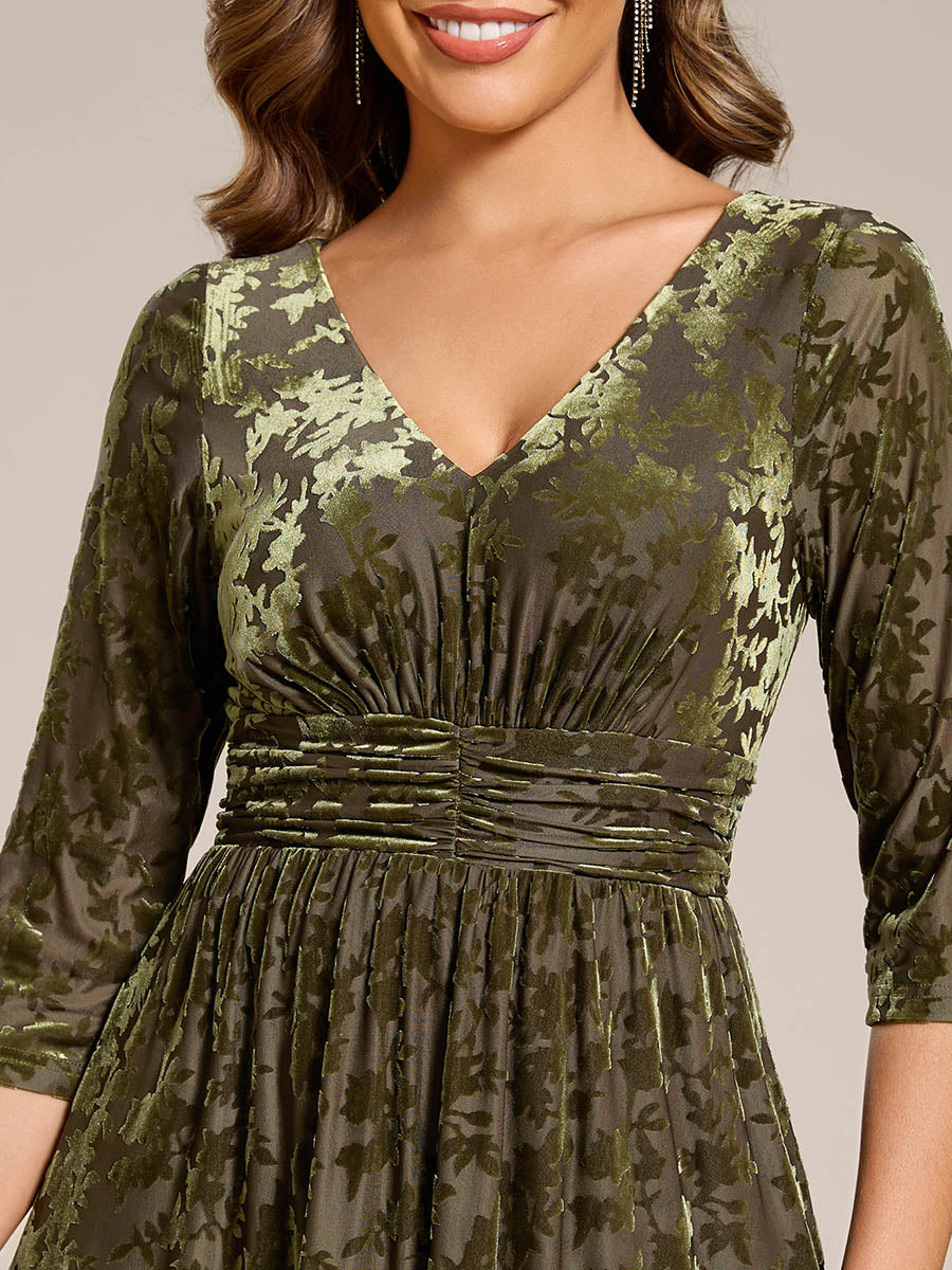 3/4 Sleeve V Neck A-Line Velvet Jacquard Midi Length Wedding Guest Dress #color_Olive Green