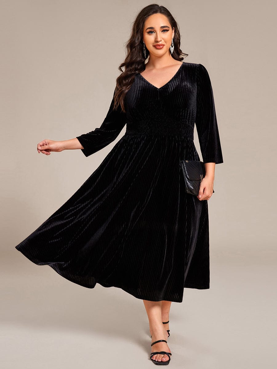 V-neck Long Sleeve Velvet A-Line Midi Wedding Guest Dress #color_Black