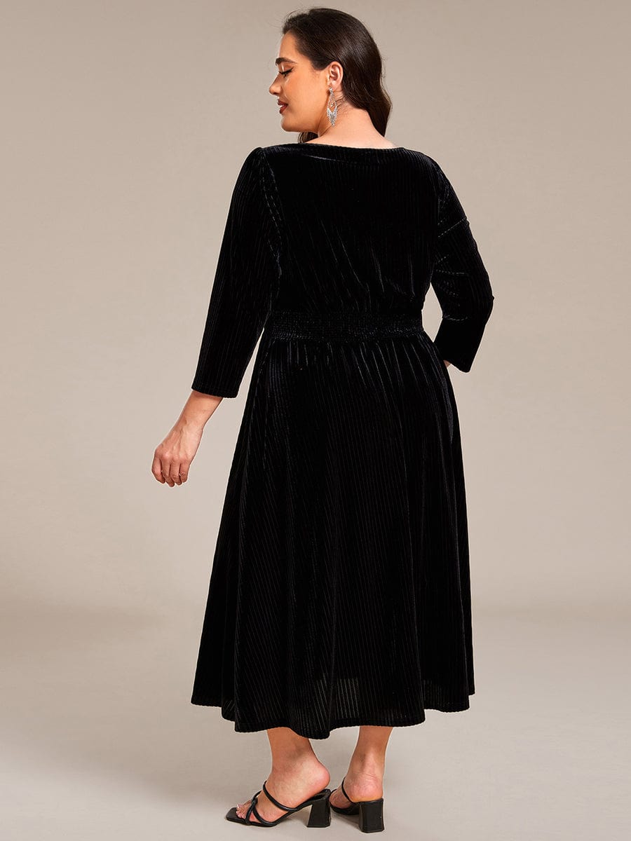 V-neck Long Sleeve Velvet A-Line Midi Wedding Guest Dress #color_Black