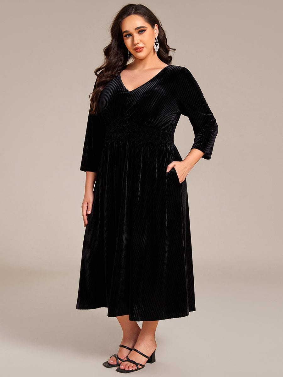 V-neck Long Sleeve Velvet A-Line Midi Wedding Guest Dress #color_Black