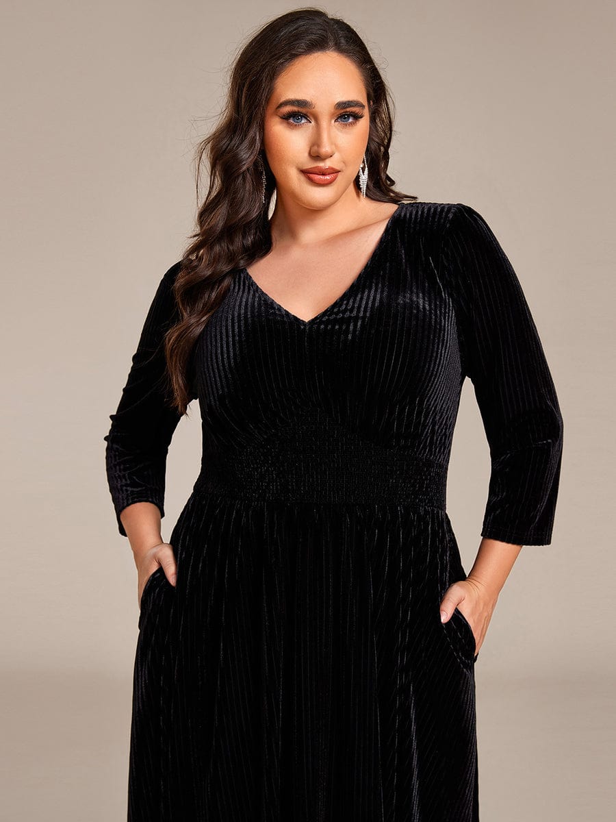 V-neck Long Sleeve Velvet A-Line Midi Wedding Guest Dress #color_Black