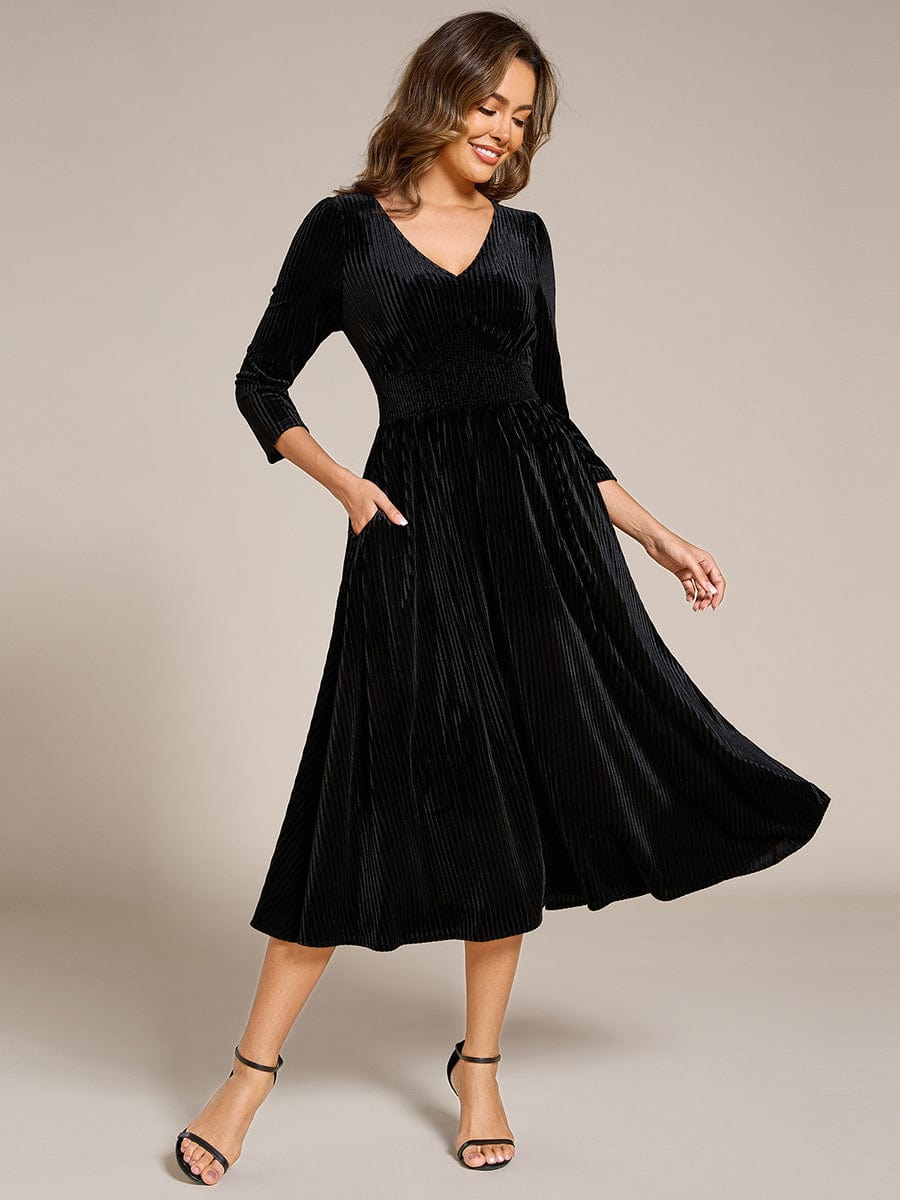 V-neck Long Sleeve Velvet A-Line Midi Wedding Guest Dress #color_Black