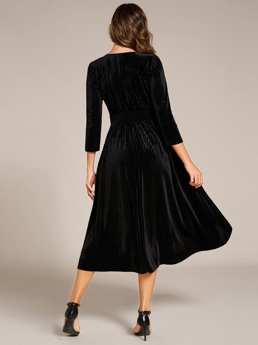 V-neck Long Sleeve Velvet A-Line Midi Wedding Guest Dress #color_Black