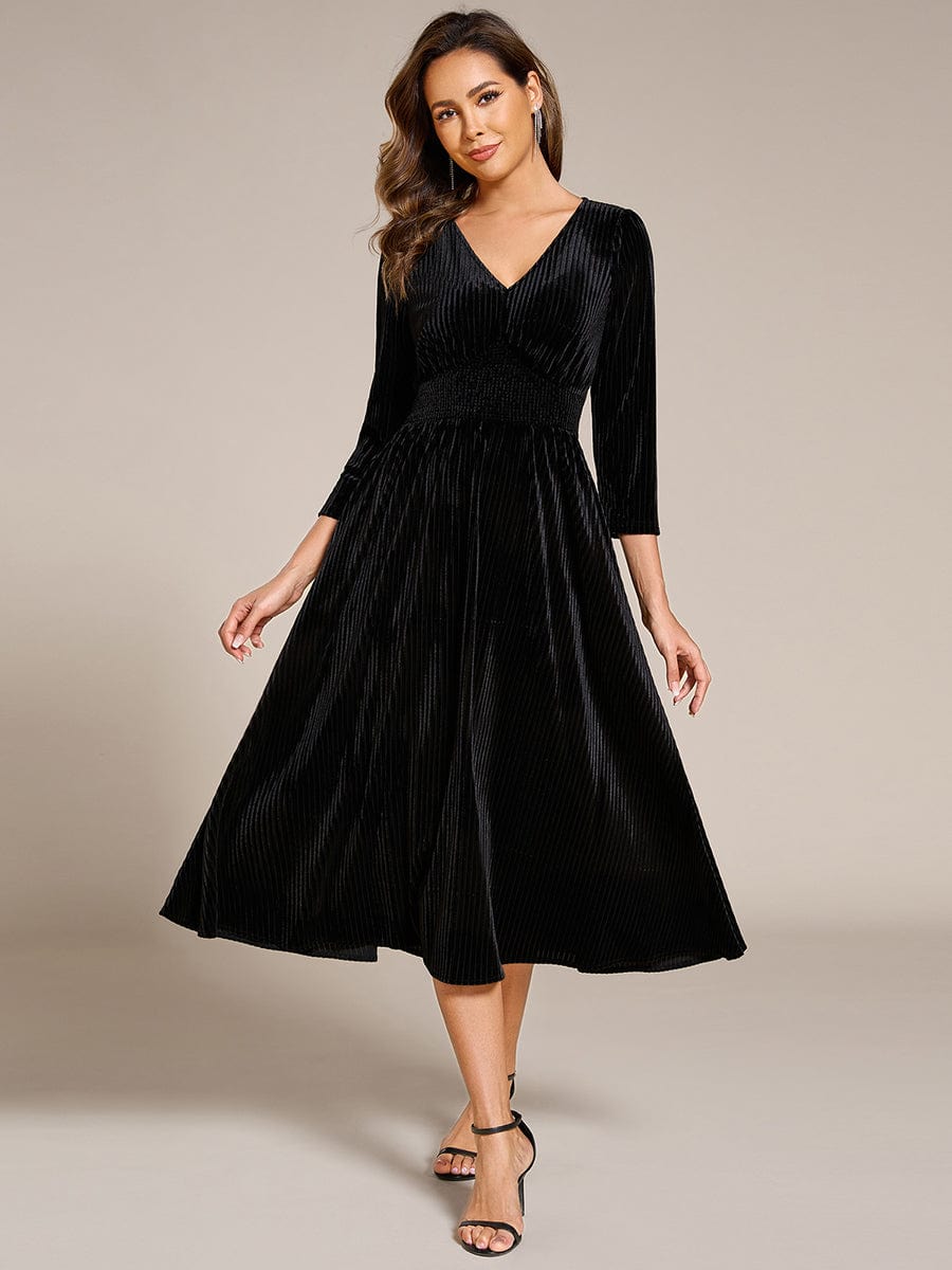 V-neck Long Sleeve Velvet A-Line Midi Wedding Guest Dress #color_Black