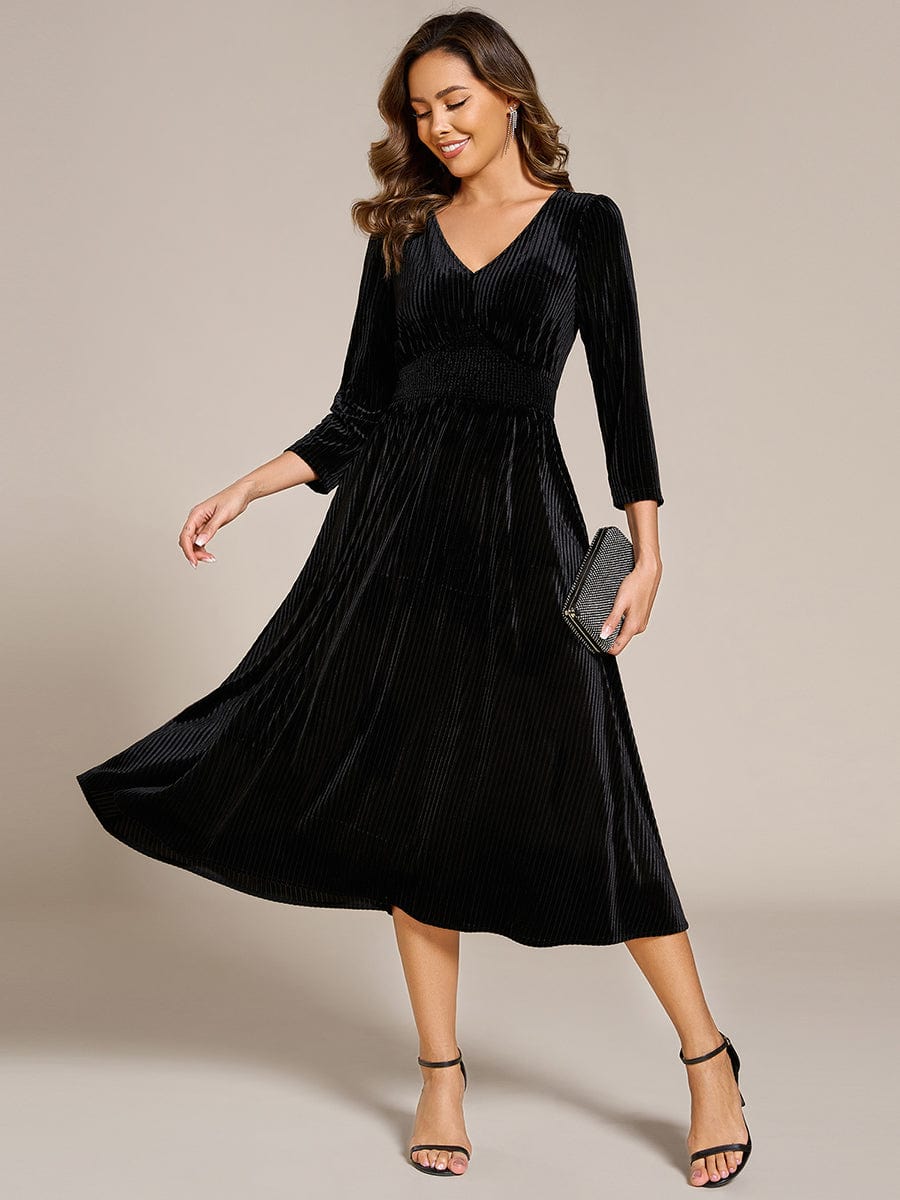 V-neck Long Sleeve Velvet A-Line Midi Wedding Guest Dress #color_Black