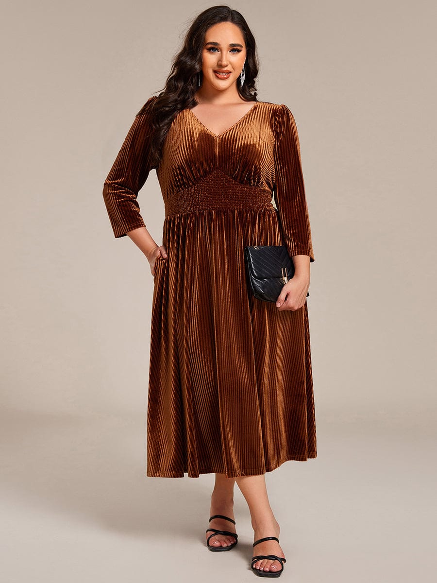 V-neck Long Sleeve Velvet A-Line Midi Wedding Guest Dress #color_Caramel