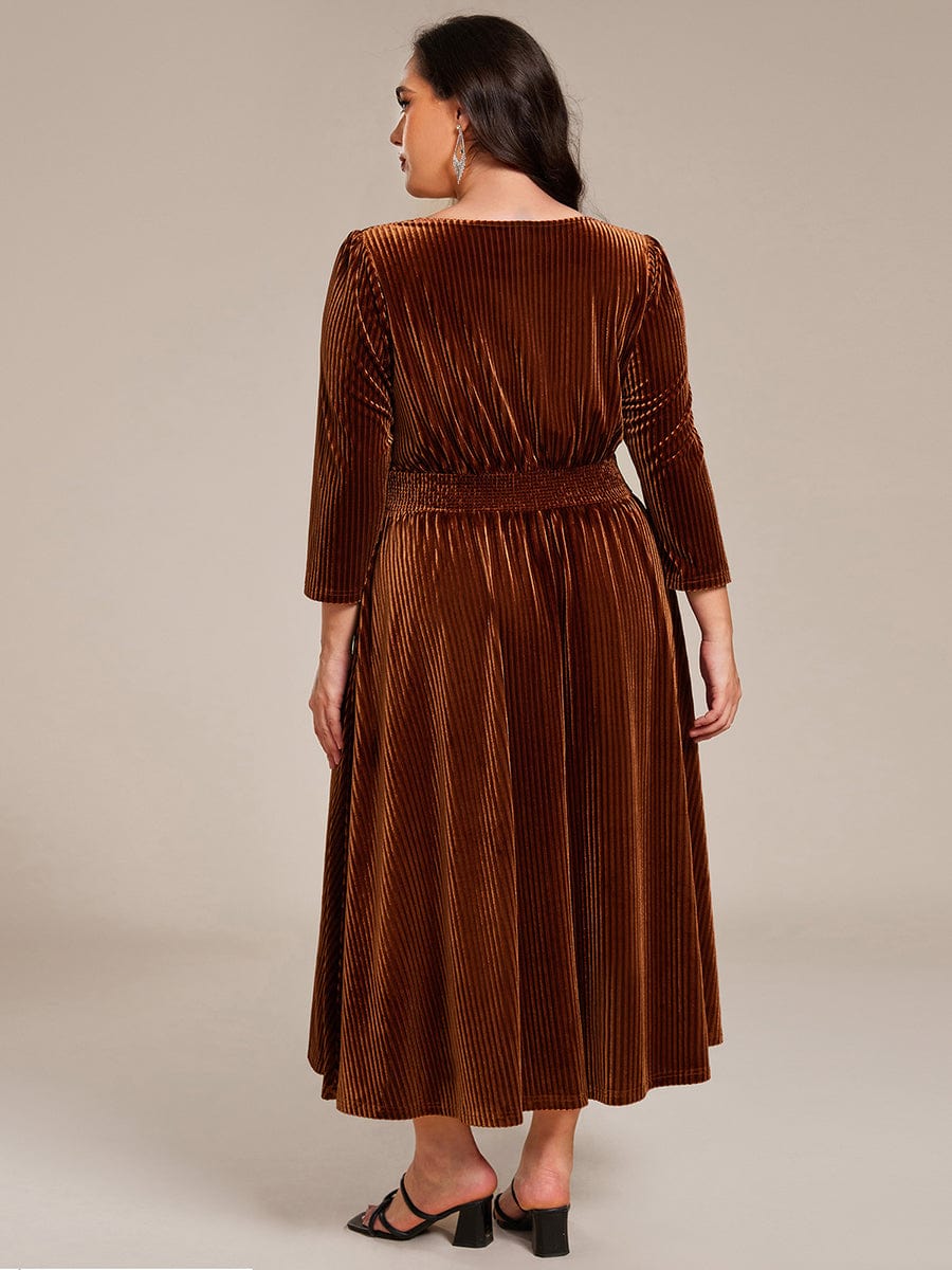 V-neck Long Sleeve Velvet A-Line Midi Wedding Guest Dress #color_Caramel