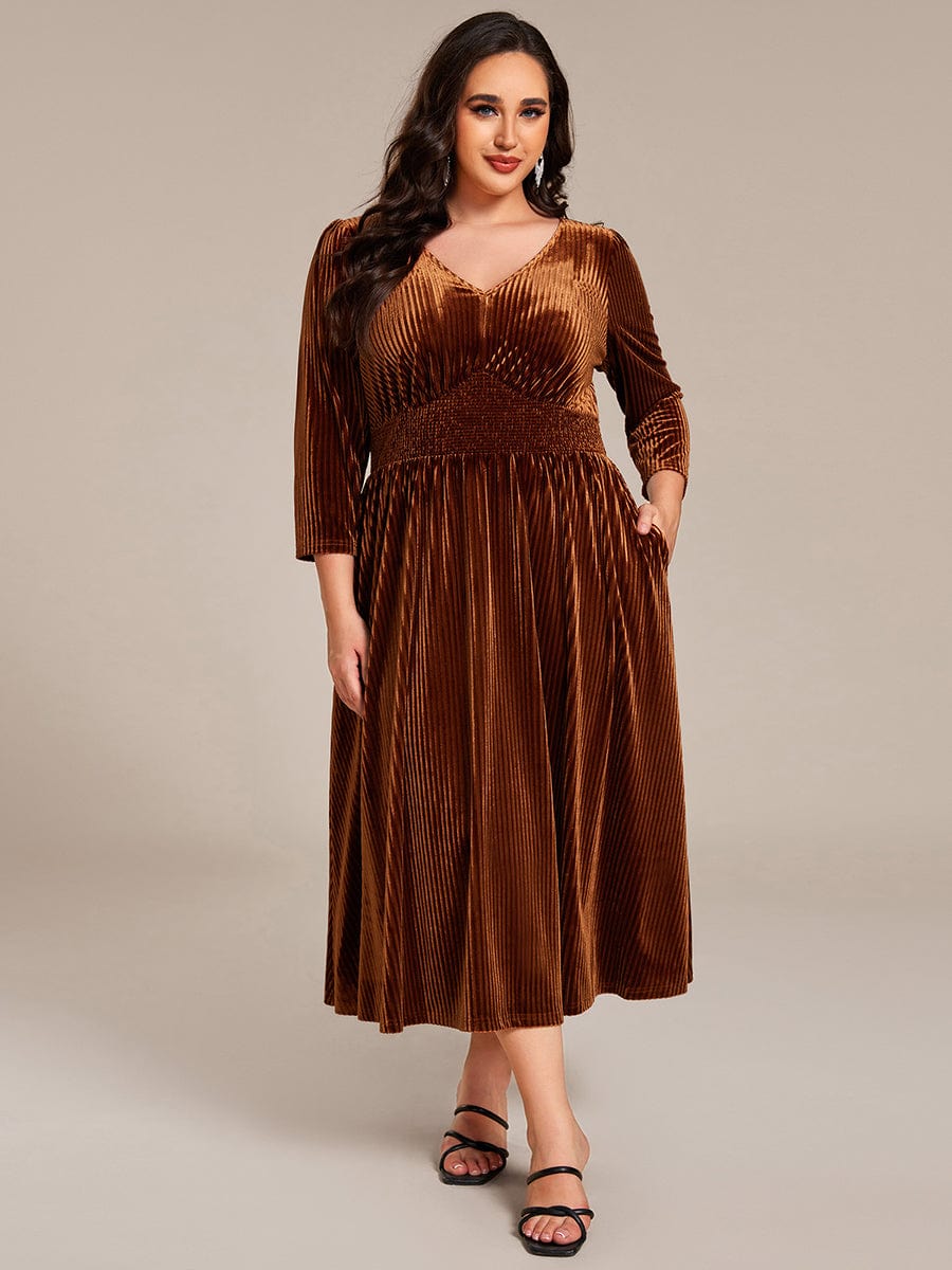 V-neck Long Sleeve Velvet A-Line Midi Wedding Guest Dress #color_Caramel